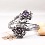 Vintage 1980s floral silver cuff bracelet with purple gemstone, 925 sterling silver handmade double flower design, elegant antique jewelry