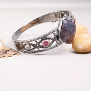 1990s Vintage Sterling Silver Bracelet – Square Purple Gemstone with Natural Diamonds, Elegant Black Diamond Cuff Antique Jewelry