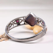 1990s Vintage Sterling Silver Bracelet – Square Purple Gemstone with Natural Diamonds, Elegant Black Diamond Cuff Antique Jewelry