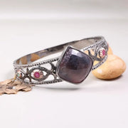 1990s Vintage Sterling Silver Bracelet – Square Purple Gemstone with Natural Diamonds, Elegant Black Diamond Cuff Antique Jewelry