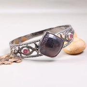 1990s Vintage Sterling Silver Bracelet – Square Purple Gemstone with Natural Diamonds, Elegant Black Diamond Cuff Antique Jewelry