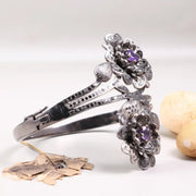 Vintage 1980s floral silver cuff bracelet with purple gemstone, 925 sterling silver handmade double flower design, elegant antique jewelry