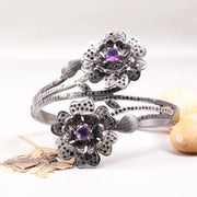 Vintage 1980s Floral Silver Cuff Bracelet – 925 Sterling Silver Handmade Double Flower Design with Purple Gemstone, Elegant Antique Jewelry