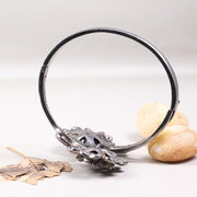 Vintage 1980s Floral Silver Cuff Bracelet – 925 Sterling Silver Handmade Double Flower Design with Purple Gemstone, Elegant Antique Jewelry