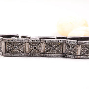 1991 Vintage Black Diamond Bracelet – Art Deco Style Sterling Silver Geometric Panel Link, Statement Jewelry Gift for Her