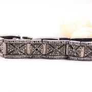 1991 Vintage Black Diamond Bracelet – Art Deco Style Sterling Silver Geometric Panel Link, Statement Jewelry Gift for Her