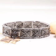 1991 vintage black diamond bracelet, Art Deco sterling silver geometric panel link, statement jewelry gift for her