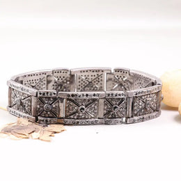 1991 vintage black diamond bracelet, Art Deco sterling silver geometric panel link, statement jewelry gift for her