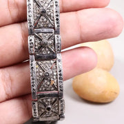 1991 Vintage Black Diamond Bracelet – Art Deco Style Sterling Silver Geometric Panel Link, Statement Jewelry Gift for Her