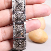 1991 Vintage Black Diamond Bracelet – Art Deco Style Sterling Silver Geometric Panel Link, Statement Jewelry Gift for Her