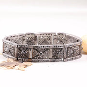 1991 Vintage Black Diamond Bracelet – Art Deco Style Sterling Silver Geometric Panel Link, Statement Jewelry Gift for Her