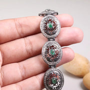 Vintage 925 Sterling Silver Bracelet – Green Emerald Gemstone Elegant Statement Link Cuff, Antique Style Jewelry Gift for Her