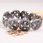 Vintage 1992 Green Black Diamond Bracelet – Sterling Silver Elegant Bangle with Natural Round Diamonds, Antique Classic Statement Jewelry for Her