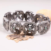 Vintage 1992 Green Black Diamond Bracelet – Sterling Silver Elegant Bangle with Natural Round Diamonds, Antique Classic Statement Jewelry for Her