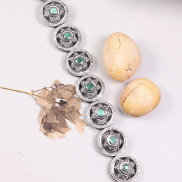 Vintage 1995 emerald green gemstone bracelet, Art Deco sterling silver star design, elegant handmade unique jewelry