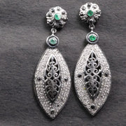 Victorian Style Dangle Earrings – Emerald & Black Diamond Accent Silver Filigree Statement Jewelry Gift