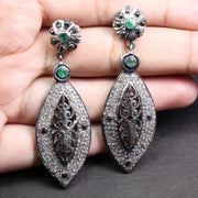 Victorian Style Dangle Earrings – Emerald & Black Diamond Accent Silver Filigree Statement Jewelry Gift