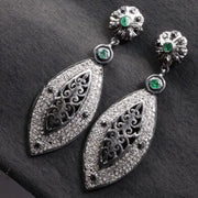 Victorian Style Dangle Earrings – Emerald & Black Diamond Accent Silver Filigree Statement Jewelry Gift