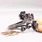 Vintage Floral Cuff Bracelet – 925 Sterling Silver Black Oxidized Bangle with Green & Pink Ruby Gemstones, Unique Handmade Jewelry Gift