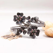 Vintage Floral Cuff Bracelet – 925 Sterling Silver Black Oxidized Bangle with Green & Pink Ruby Gemstones, Unique Handmade Jewelry Gift