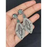 Victorian Style Dangle Earrings – Emerald & Black Diamond Accent Silver Filigree Statement Jewelry Gift