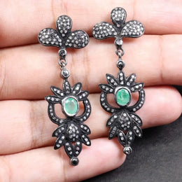 Georgian style emerald drop earrings with Art Deco design, sterling silver and diamond accents statement jewelry gift.