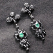 Georgian Style Art Deco Emerald Drop Earrings, Sterling Silver with Diamond Accents, Vintage Statement Jewelry Gift