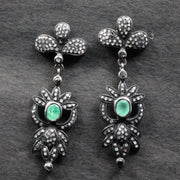 Georgian Style Art Deco Emerald Drop Earrings, Sterling Silver with Diamond Accents, Vintage Statement Jewelry Gift