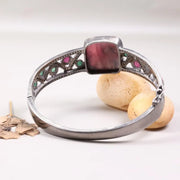 Vintage Ruby Square Bracelet – Antique Style Sterling Silver Cuff with Large Pink Gemstone, Bohemian Statement Jewelry & Unique Gift for Her