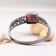 Vintage Ruby Square Bracelet – Antique Style Sterling Silver Cuff with Large Pink Gemstone, Bohemian Statement Jewelry & Unique Gift for Her