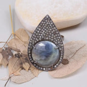 Georgian Style Silver Ring – Bold Boho Cocktail Jewelry with Round Cut Sparkling Blue Stone | Handmade Silver Diamond Ring