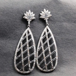 Elegant silver vintage-style Art Deco crystal drop earrings with lotus teardrop design, statement jewelry gift for her