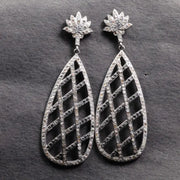 Elegant Silver Statement Drop Earrings – Vintage Art Deco Crystal Dangle Lotus Teardrop Earrings, Gift for Her