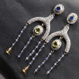 Silver Statement Earrings – Vintage Art Deco Style Colorful Gemstone Chandelier, Sapphire Citrine Peridot Dangle Earrings