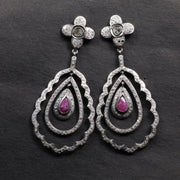 Vintage Victorian ruby teardrop dangle earrings with floral diamond accents, statement gemstone jewelry gift for her.