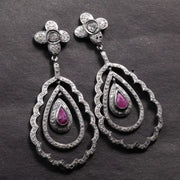 Vintage Victorian ruby teardrop dangle earrings with floral diamond accents, statement gemstone jewelry gift for her.