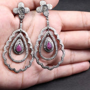 Vintage Ruby Drop Earrings – Victorian Teardrop Dangle with Floral Diamond Accents, Statement Gemstone Jewelry Gift
