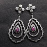 Vintage Ruby Drop Earrings – Victorian Teardrop Dangle with Floral Diamond Accents, Statement Gemstone Jewelry Gift