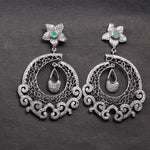 Victorian style chandelier earrings with emerald and rose cut diamonds, antique silver vintage filigree statement jewelry gift.