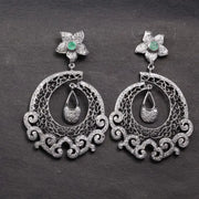 Victorian style chandelier earrings with emerald and rose cut diamonds, antique silver vintage filigree statement jewelry gift.
