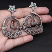 Victorian Style Chandelier Earrings – Vintage Filigree Drop with Emerald & Rose Cut Diamonds, Antique Silver Statement Jewelry Gift
