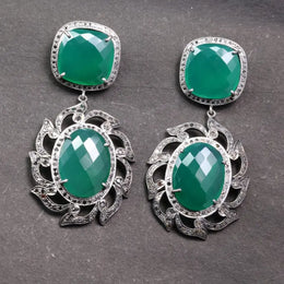 Art Deco vintage silver drop earrings with emerald green gemstones, statement dangle jewelry gift for her