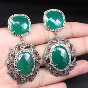 Art Deco vintage silver drop earrings with emerald green gemstones, statement dangle jewelry gift for her