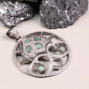 Vintage Round Shape Pendant – Sterling Silver Green Stone Pendant with Natural Emerald & Diamond | Handmade Antique Jewelry Gift
