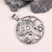 Vintage Round Shape Pendant – Sterling Silver Green Stone Pendant with Natural Emerald & Diamond | Handmade Antique Jewelry Gift