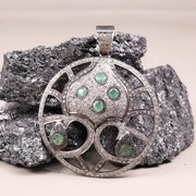 Vintage Round Shape Pendant – Sterling Silver Green Stone Pendant with Natural Emerald & Diamond | Handmade Antique Jewelry Gift