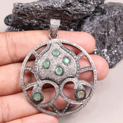 Vintage Round Shape Pendant – Sterling Silver Green Stone Pendant with Natural Emerald & Diamond | Handmade Antique Jewelry Gift