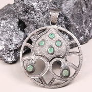 Vintage Round Shape Pendant – Sterling Silver Green Stone Pendant with Natural Emerald & Diamond | Handmade Antique Jewelry Gift