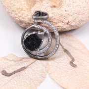 Art Deco Black Stone Teardrop Pendant Necklace – Natural White Diamond & Silver Circle Design, Handmade Unique Jewelry Gift