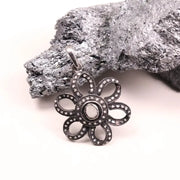 Antique Vintage Floral Pendant – Handmade Black Stone Victorian Necklace, 1990s Boho Gothic Jewelry, Unique Old Style Gift